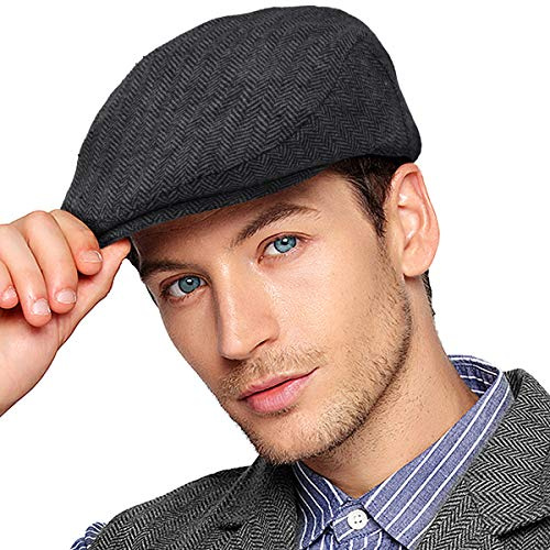 LADYBRO Newsboy Cap for Men - Black Herringbone Tweed Wool Blend Cabbie Newsboy Ivy Hat