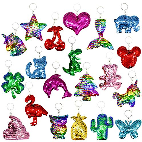 TTSAM 20 Pieces Reversible Mermaid Sequin Keychain Glitter Flip Sequin Keychains Animal Shape Sequin Key Chains Valentine's Day Gift Party Events Gift Birthday Party Supplies (20 Styles)