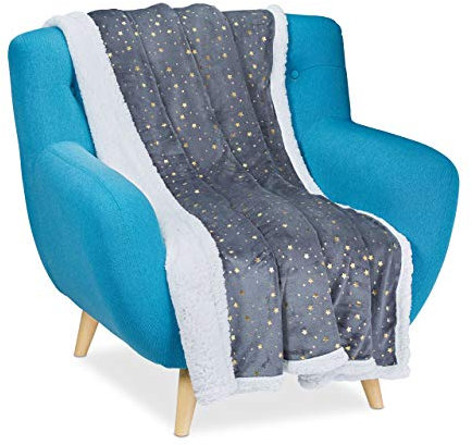 Relaxdays Kuscheldecke, goldene Sterne, Flauschige Decke mit Lammfelloptik, zweiseitige Couchdecke, 150x200cm, grau/weiß, 1 Stück, 10029495_491