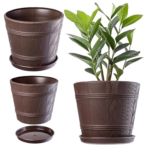 KADAX Macetero con plato, maceta para interior y exterior, aspecto de madera, de plástico, resistente a la intemperie, para flores, jardín, balcón (30 cm de diámetro, marrón)