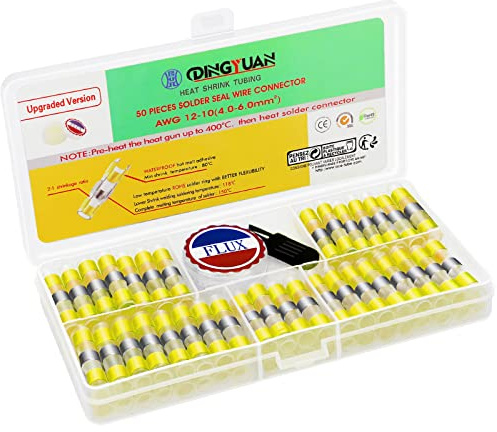 DINGYUAN 50PCS Kit de Connecteurs de Fil Thermorétractables avec Pâte à Souder, Soudure Étanche à Basse Fusion & Sans Plomb, Raccords Électriques Isolés Cosses pour Marine, Automobile, Remorque