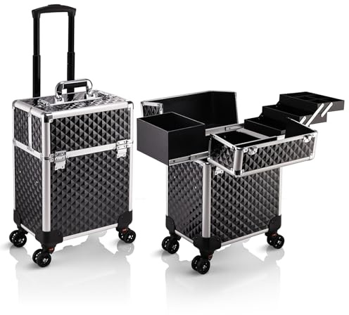 Stagiant Rolling Makeup Train Case Cosmetology Case on Wheels Travel Cosmetic Suitcase Trolley Makeup Luggage Storage Box 4 Tray with Lock Middle Layer Salon Nail Tech Cart Traveling Tattoo Case Black
