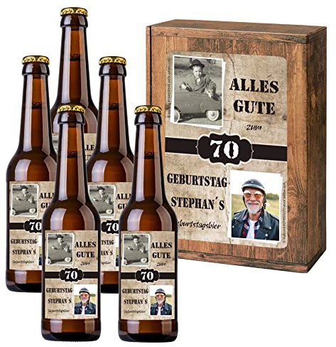 Personalisiertes Bier mit Wunschtext und Foto | 5 x 0,33 l Dinkelbier als Geschenkset | Persönliche Geschenkbox zum Geburtstag (Geschenkbox mit 5 Fl., Holzoptik)