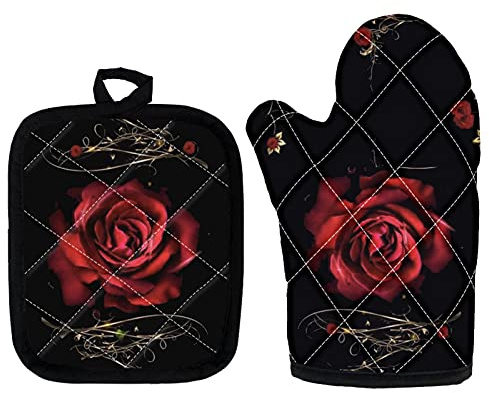 UOIMAG Red Rose Küchen-Isolierhandschuhe, hitzebeständig, Topflappen für Backen/Kochen/Grillen