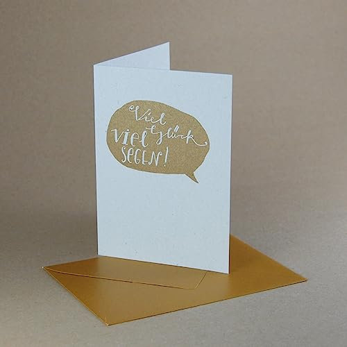 10 Glückwunschkarten mit goldenem Druck auf simpler Graupappe: Viel Glück viel Segen! Handlettering-Karten mit edlen, goldenen Kuverts - für Geburtstag, Konfirmation, Kommunion, Hochzeit
