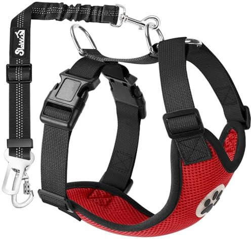 Eyein Hundegeschirr mit 2-in-1 Sicherheitsgurt für Auto, Mesh Atmungsaktiv | Verbindung mit Gurt-Schnalle/Kopfstütze/Kofferraum, Verstellbares Geschirr für Kleine und mittelgroße Hunde (Rot, S)
