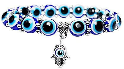 ZHIHUI Evil Eye Hamsa Blue Beaded Charm Stretch Bracelet Hand of Fatima Turkish Lucky Evil Eye Bracelet for Protection and Blessing