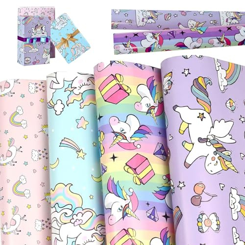 Papier Cadeau Licorne, 4 Pièces d'Emballage de Dessin Animé pour Enfant, Rouleau Anniversaire, Mariage, Saint Valentin, Noël Et Fêtes (50 x 70 Cm)