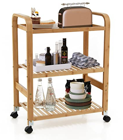 GOPLUS Bambus-Küchenwagen mit Abnehmbaren Rädern, 3-stöckiger Sevierwagen mit Griff, Multifunktionaler Rollwagen, Feistehender Pflanzenständer für Wohnzimmer, Küche & Büro, 58×33×76cm