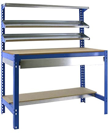 PROREGAL Werkbank Buffalo mit Frontablage und Schubfach | HxBxT 84x150x76cm | Traglast 600kg | Blau Werktisch Arbeitstisch Arbeitsbank Werkstattbank