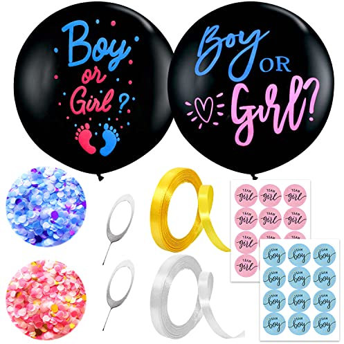 2 palloncini di genere Reveal con coriandoli, spille, adesivi di genere e nastro, 36 pollici Boy o Girl Surprise Balloons, decorazione per feste, adatti per annunci sessuali, baby shower