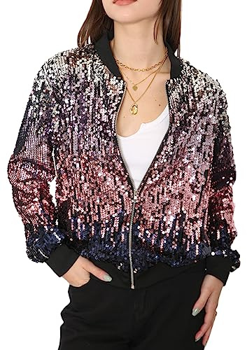 ANNA-KACI Damen Pailletten Rib Rop Langarm Reißverschluss Bomberjacke Jacke, Silber Rosa, Small
