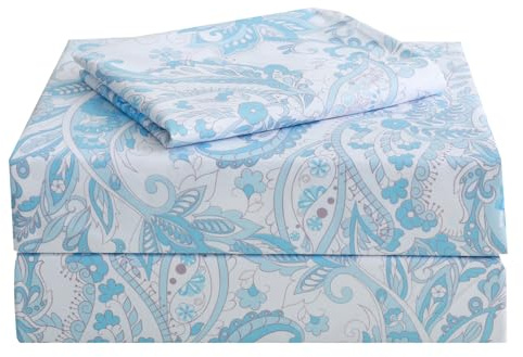 JSD Blue Paisley Single Bed Sheet Set Twin Size, 3 Piece Soft Floral Printed Microfiber Sheets Extra Deep Pocket