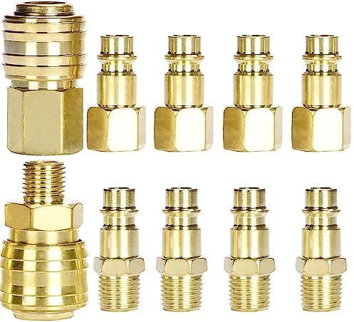 10 Stück 1/4 BSP Schnellkupplung für Schläuche, Druckluftkupplung für Euro-Luftschläuche, Luftkompressor Set, Kompressor-Armaturen, 1/4 Zoll BSP-Gewinde, Schlauchverbinder-Armaturen-Set, Gold