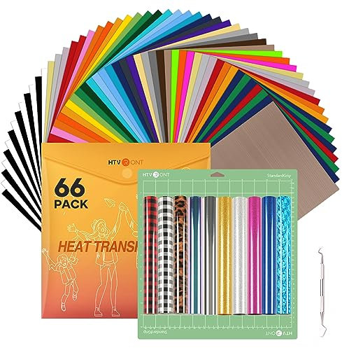 HTVRONT Plotterfolie Textil 66 Pack- Flexfolie Plotter Textil 40 Farben 30.48 cm x 25.4 cm- HTV Vinyl mit Teflon Blatt, Glitzer Flexfolie, Standard klebrige Schneidematte, Unkrauthaken für T-Shirts