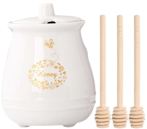 Bootoow Vasetti Miele, 430ml Vaso Da Miele In Ceramica, Con Mestolo In Legno e Coperchio Contenitore, Per Miele Per La Conservazione e La Distribuzione Di Miele e Sciroppo Vasetto Set (Bianco)