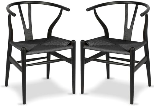 Tomile CH24 Wishbone Stühle Set of 2, Mid-Century Modern Esszimmerstuhl mit Armlehnen, Massivholzrahmen aus Esche mit Gewebesitz, Hans Wegner Y-Rückenlehnen-Design für Esszimmer oder Küche (Schwarz)