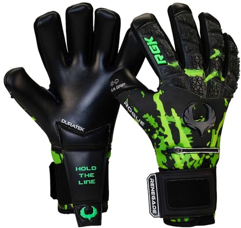 Renegade GK Limited Edition Rogue Venom Goalie Gloves with Fingersaves | 4mm Giga Grip | Black & Green Goal Keeper Gloves (Size 10, Adult, Mens, Neg. Cut, Level 4+)