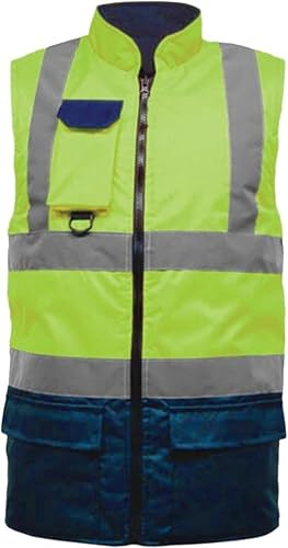 100% Poliestere Hi Viz Vis Body Warmer Foderato in Pile Reversibile Alta Visibilità Riflettente Sicurezza Lavoro Usura Impermeabile Sicurezza Body Warmer Giacca, Giallo, XL
