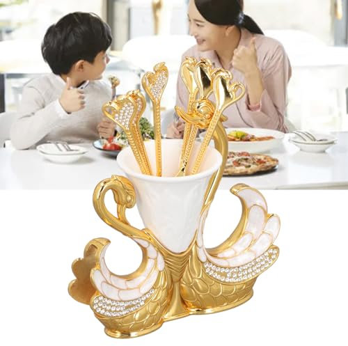Swan Base Fork Holder Set, Gold Creative Dessert Flatware Set, Elegant Decorative Swan Flatware with 6 Forks, Dessert Flatware Set for Coffee Fruit Dessert Ice Cream Cake