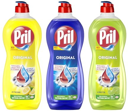 PRIL Original-Set 1x Limette & 1x Zitrone & 1x Original, Handgeschirrspülmittel-Set mit höchster Fettlösekraft, für sauberes Geschirr auch in kaltem Wasser, 3x 675ml