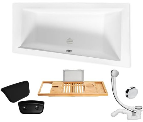 KOLMAN Badewanne INTIMA Eckbadewanne 150x85 Rechts ohne Verkleidung + Kopfstütze + Bambus Ablage, Ablaufgarnitur und Füßen Komplettset 5in1 Premium Original Acryl Wanne Siphon