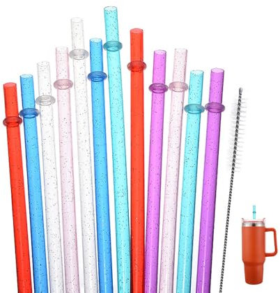 Biglumin Pajitas - pajitas de plástico transparente, pajitas de plástico brillante. 23 cm de largo con cepillo de limpieza. Pajitas reutilizables. (12 piezas)