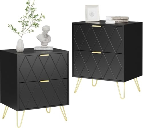 UEV Nachttisch 2er Set, Nachtschrank mit Schubladen, Nachtkommode mit Metallfüße, Sofatisch mit Beine, Beistelltisch für Wohnzimmer Schlafzimmer, 40x30x52cm, Schwarz und Gold