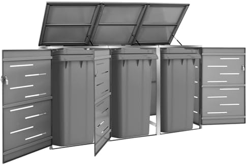 IKAYAA Mülltonnenbox 3er Edelstahl - Anthrazit, 3 Tonnen, 240l, Metall, Rostfrei, Abschließbar, Mit Luxus-Federn und praktischem Deckel