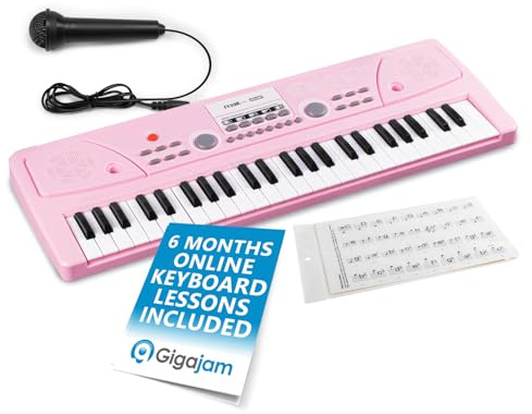 Pink Childrens Keyboard for Learner, 49-Key Electronic Keyboard for Beginner, Kids Piano Set with Key Stickers, 6 Months Lessons, Musical Gift Toy for Ages 3+