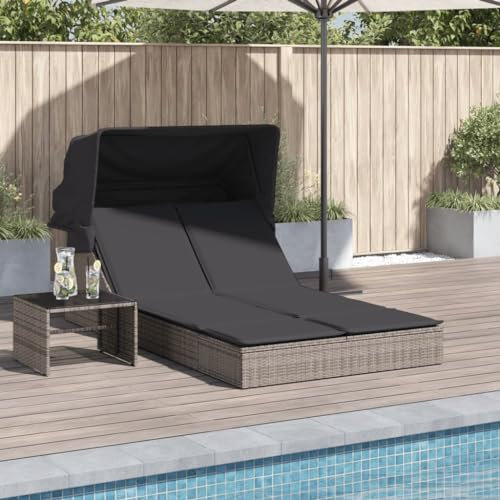 Xichuzi Doppel-Sonnenliege mit Dach und Auflagen Grau Poly Rattan, Gartenliege, Liegestuhl, Sonnenstuhl, Sonneninsel Outdoor, Liegen, Gartenmöbel, Bäderliege, Relaxliege - 368639