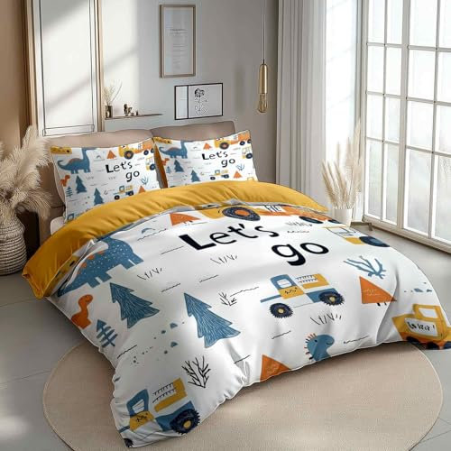 Bettwäsche Set Kinderillustration Dinosaurier Abenteuer Blau Orange, Mikrofaser Bettbezug 3Er Set Mit Reißverschluss, Bügelfrei Und Weich 2 Kissenbezug 80X80Cm Atmungsaktiv Und Bequem 220 cm X 240 cm