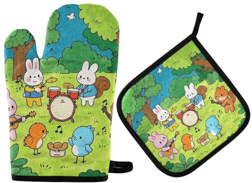 Divertenti guanti da cucina personalizzati per concerto di musica con animali e presina isolati termicamente guanti da forno set 2 pezzi per forno cucina
