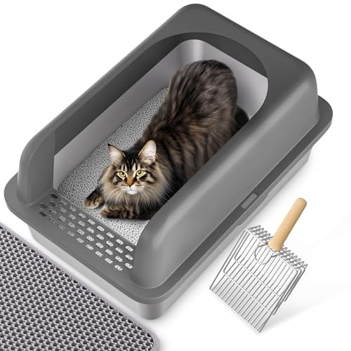 Katzenklo Edelstahl XL 60 x 40 x 30 cm Katzentoilette für große Katzen Cat Litter Box mit Katzenklo Schaufel und Matte, Einfache Reinigen