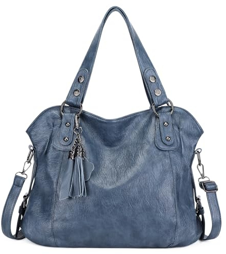 VINBAGGE Damen Handtasche PU Leder Henkeltasche Shopper Tasche Vintage Weiches Umhängetasche Schultertasche Frauen für Büro Täglich (G-Blau)