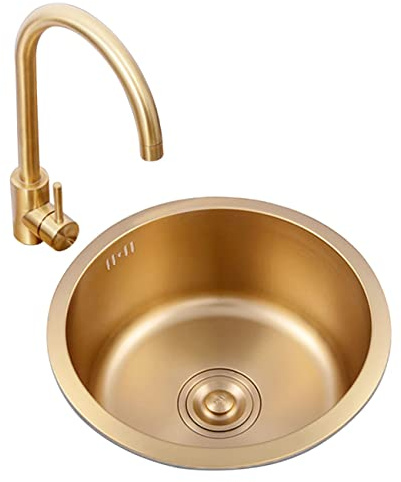 Easnuroz Fregadero De Cocina De Un Seno, Redondo Y Dorado con Grifo. Fregadero De Preparación Profundo para Barra con Accesorios. Fregadero Pequeño para RV, sobre Encimera, Ideal para Cocina(40cm)
