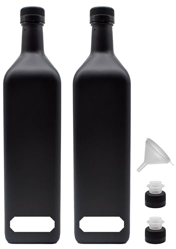 Generisch Ölflaschen 1l zum Befüllen schwarz-matt aus Glas 1000 ml mit Deckel und Kunststoffausgießer wasserfeste Etiketten Made in Germany (Variante 5)