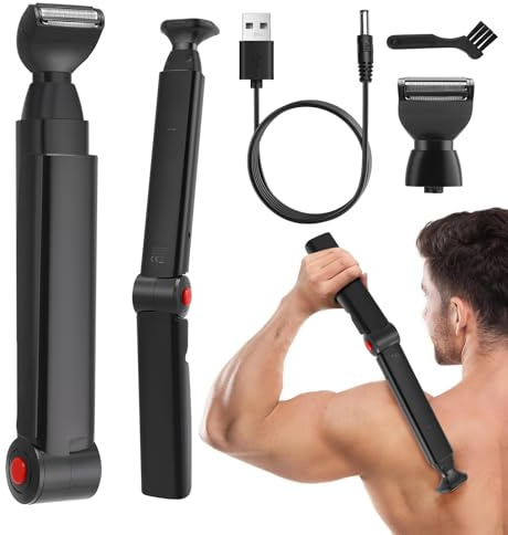 Rasoio elettrico per la schiena da uomo, con 2 testine di rasatura rimovibili e allungamento del braccio ergonomico, pieghevole, per la cura della schiena, del viso, del petto e delle spalle