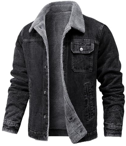 Jeansjacka för män, fodrad, övergångsjacka, förtjockad fleece, collegejacka, överdimensionerad varm denimjacka med knäppning och ståkrage, sportjacka, enfärgad, vinterjacka för vardag och arbete