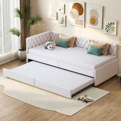 SHAODENG Ausziehbares Schlafcouch 90/180 x 200 cm, Polsterbett mit Lattenrost, Tagesbett Multifunktionsbett Gästebett, Couch Bett 2 Sitzer für Wohnzimmer, Schlafzimmer, Samt Ohne Matratze(Beige)