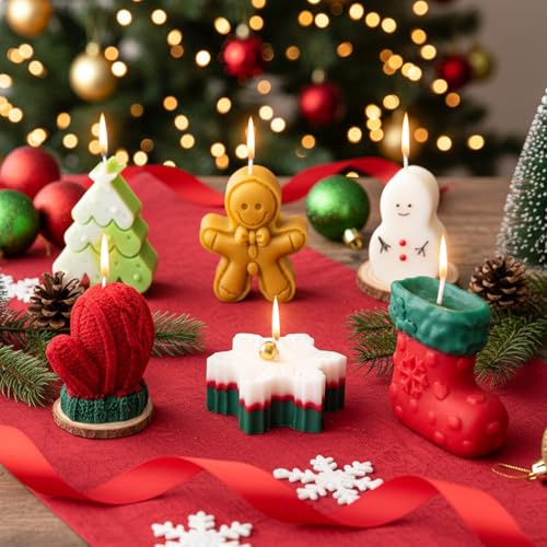 Set Regalo Candele di Natale per Donne - 6 PZ Candele a Forma di Albero di Natale, Uomo di Pan di Zenzero, Pupazzo di Neve, Mini Candele di Cera di Soia per Decorazioni Natalizie Regali per la Casa