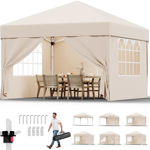 JUMMICO Pavillon 3x3m,Pop-up Faltpavillon,Wasserdichter,Winterfest,Höhenverstellbar,UV Schutz 50+,Stahlrahmen,fur Garten,Party,Camping,Outdoor,mit 4 Seitenteilen, Beige