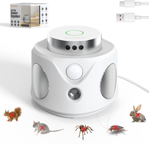 Ahuyentador de Ratas con 3 Altavoces, 3 Modos Interior Ahuyentador de Gatos Enchufe con 9 Luces Estroboscópicas, 360° y 200 M² Dispositivo Anti Ratones para Roedores Ratones Cucarachas