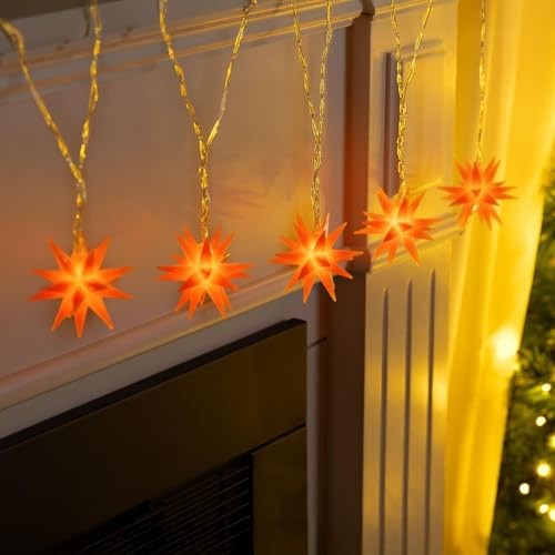 Gravidus LED Lichterkette Sterne 5 Stück orange 5 warm weiße LEDs Timer 6/18h innen außen 6 cm Ø