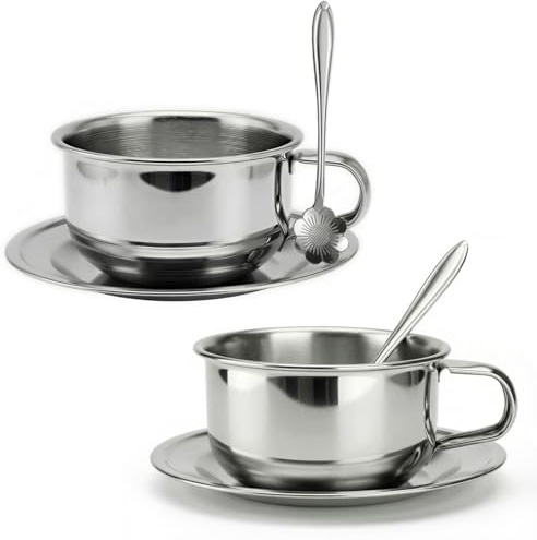 Unbreakable Stainless Steel Teacup and Saucer Set with Spoons, 2 Set, 200ml Classic British Afternoon Tea Set for Garden, Caravan, Picnic, Camping Coffee Cup Set, Metal Coffee Cups, Durable Teacups