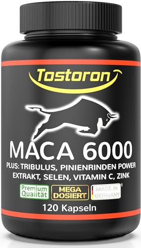 MACA Kapseln hochdosiert + extra stark - 120 Kapseln, Maca Pulver Extrakt, Tribulus terrestris, Pinienrinde, natürliches Vitamin C, Selen, Zink trägt zum Erhalt eines normalen TESTOSTERON SPIEGELS bei