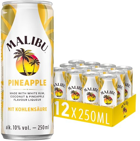 Malibu Pineapple – fruchtig-prickelnder Mix aus Rum und mit erfrischendem Geschmack von Kokos und Ananas – 12 Dosen à 250 ml, gesprudelt, (10 Vol. prozent)
