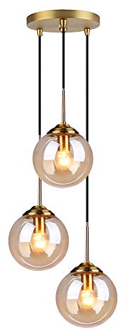 HJXDtech Industrial Vintage 3 Lights Pendant Light,Glass Globe 3 Pendants Ceiling Light, Brass E27 Hanging Lamp Cluster Over Kitchen Island & Dining Room Table (Amber)