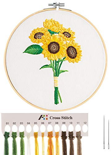 MWOOT 3D Cross Stitch Stamped Embroidery Starter Kit,Easy Embroidery with Sunflower Bouquet Pattern, Handmade Sewing Craft Kit for Adults Beginner