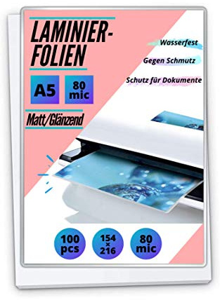100 matt-glänzende Laminierfolien - 1 Seite matt & 1 Seite glänzend (80 micron, A5)